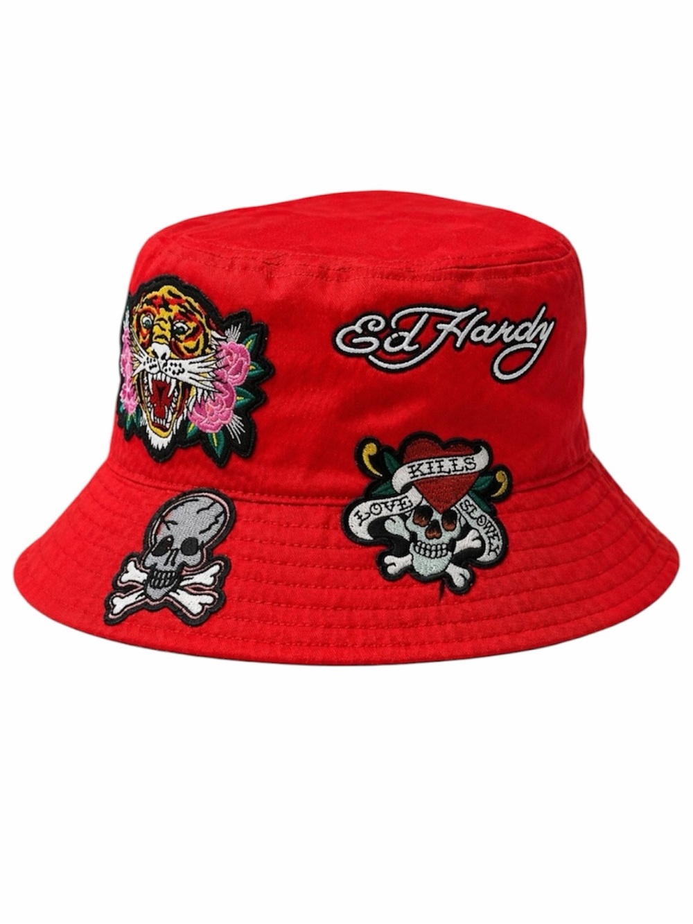 Ed Hardy Red Bucket Hat Patches Tiger roses Skull Love Kills heart NWT